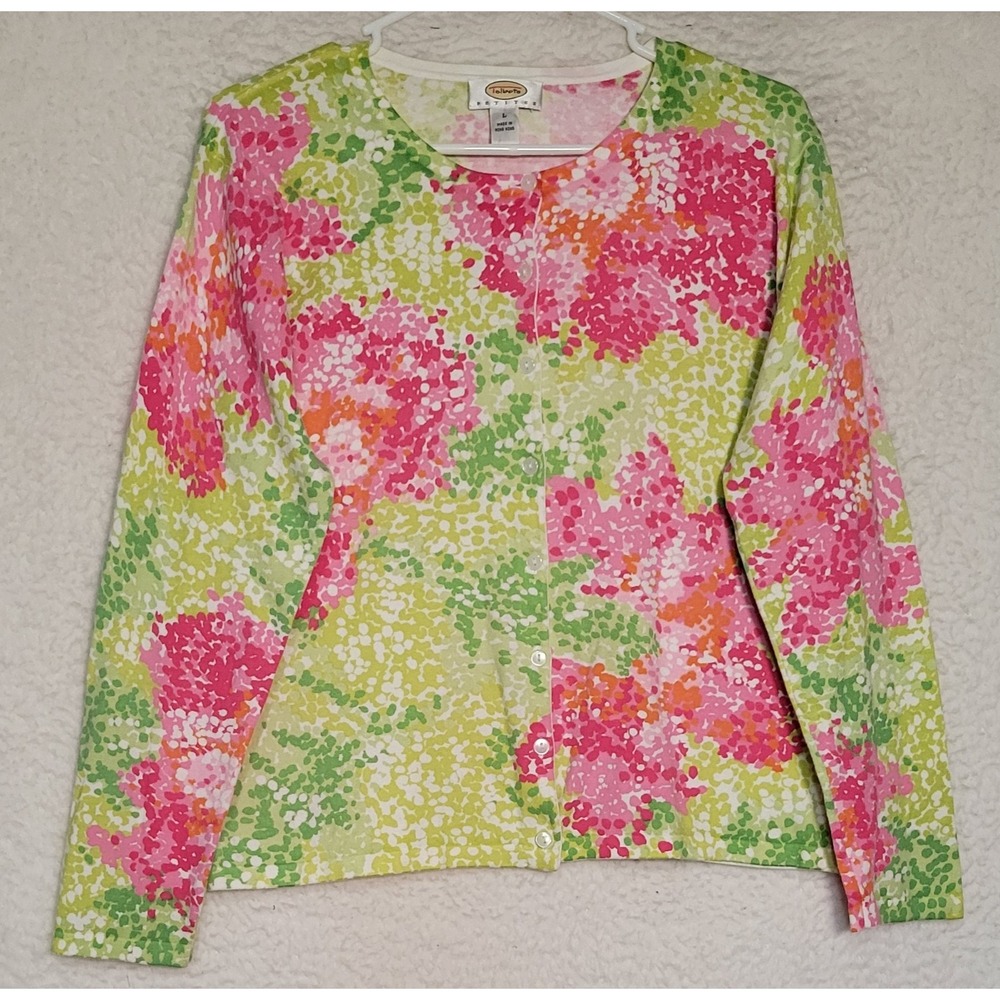 Talbots Petites Long Sleeve Women's Sweater Size L Button Floral Cardigan 1786
